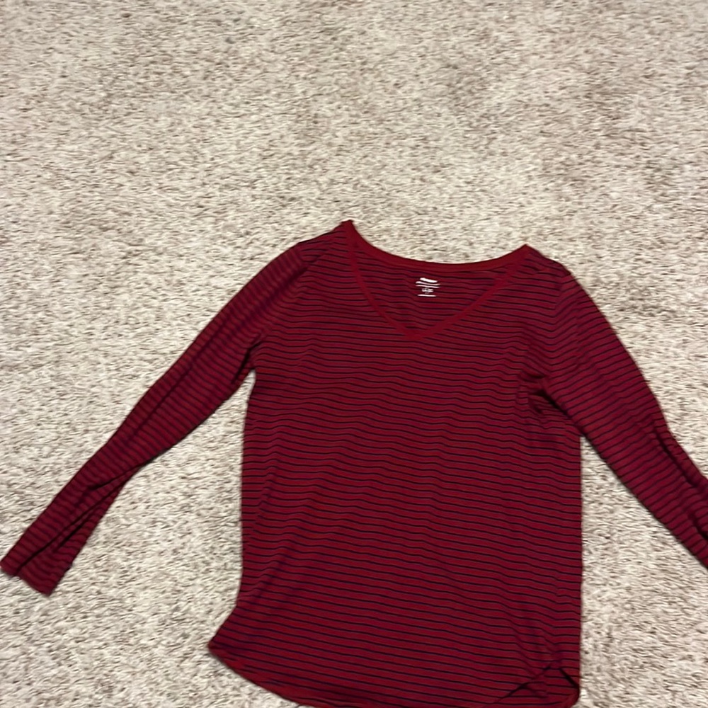 Maroon and navy striped shirt. V neck. Long sleeve t